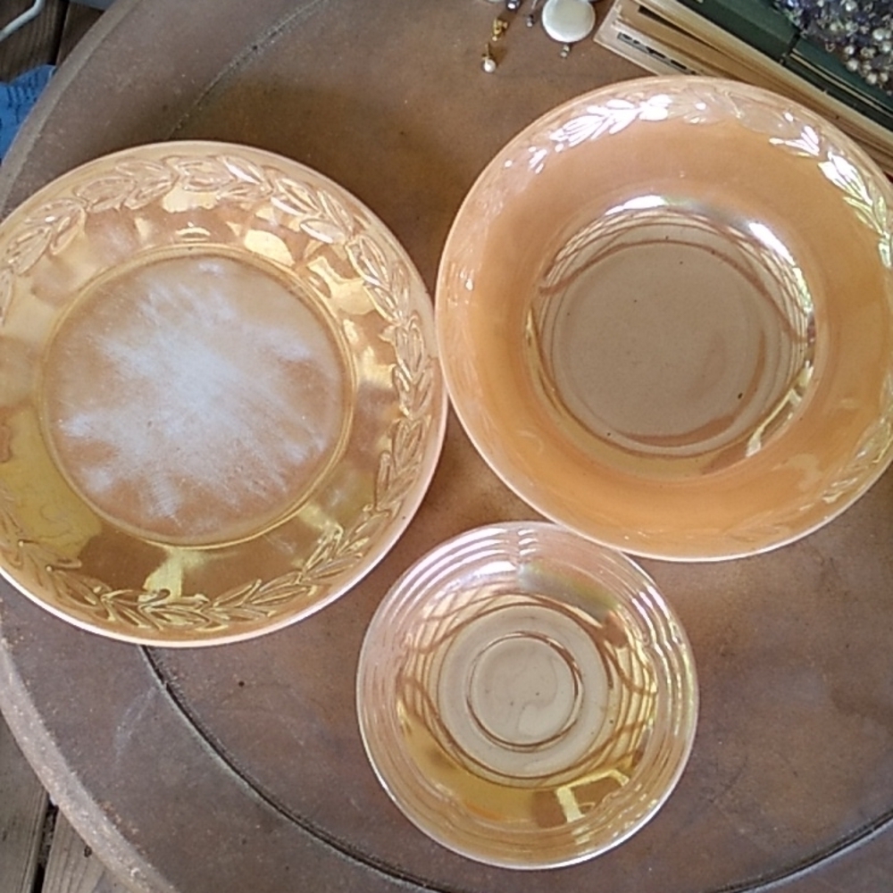 Vintage Fire King amber carnivalware bowl plate saucer